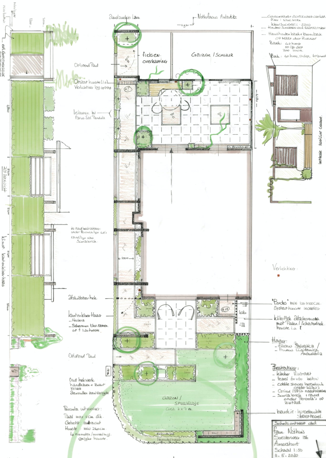 Uitgewerkt ontwerp voor een tuin op papier